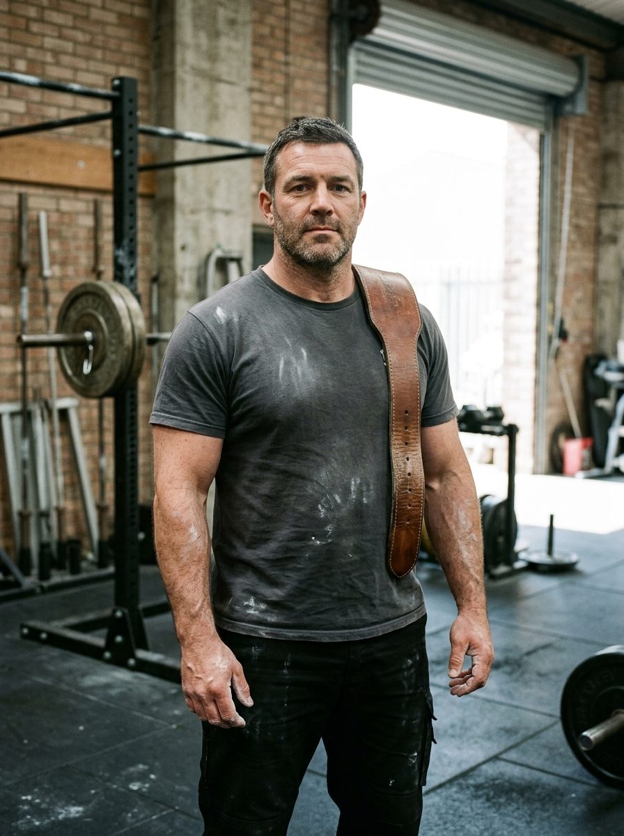 Dan Whitfield, strength coach, standing in the gym with a lifting belt over one shoulder