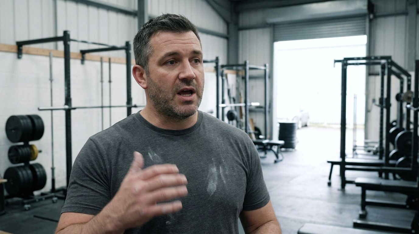 A woman mid-set on a barbell in a small independent strength gym
