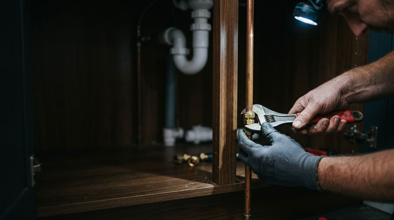 A Gas Safe engineer tightening a compression fitting on a copper pipe beneath a kitchen sink, working by headtorch